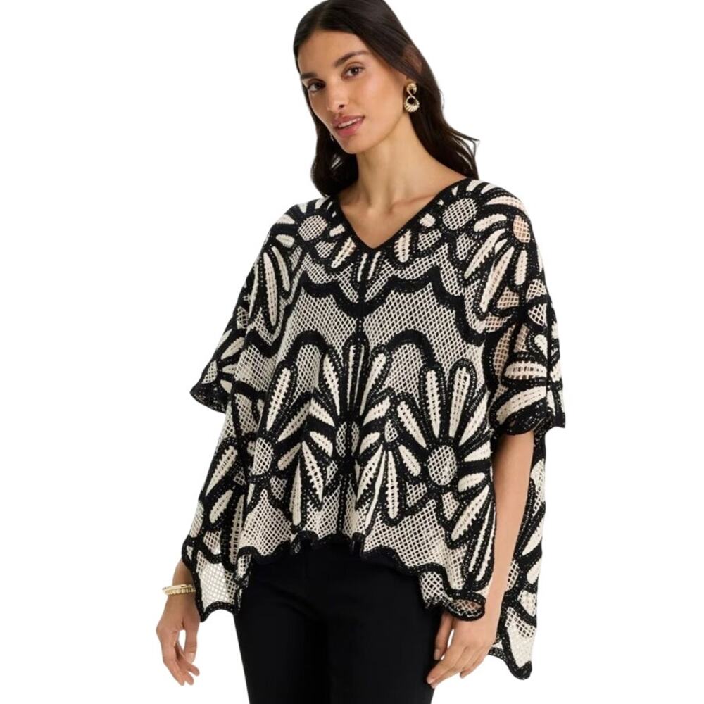 Chico’s Black & White Crochet Open Knit Poncho Sweater Cover-Up Size S/M Boho